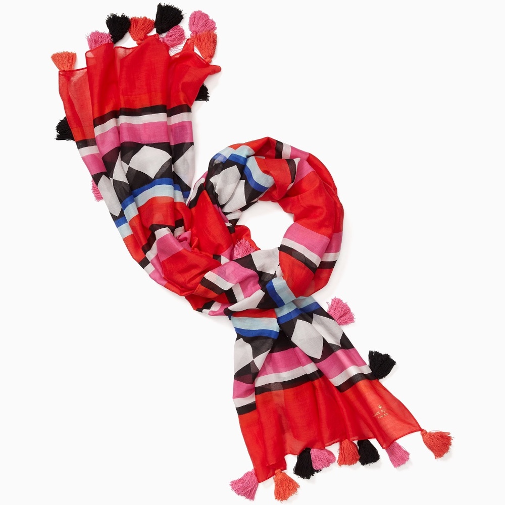 NWT Kate Spade Geo Border Oblong Scarf  Cherry Pepper 80"x40"
